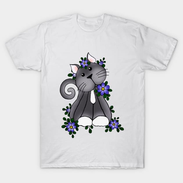 Lovely Kitty Cat Playing in the blue flowers T-Shirt by stickypixie